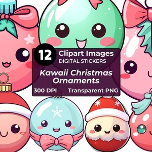 Conjunto de clipart de enfeites de Natal Kawaii adoráveis, 12 designs de enfeites de Natal festivos e fofos para artesanato DIY, adesivos digitais kawaii
