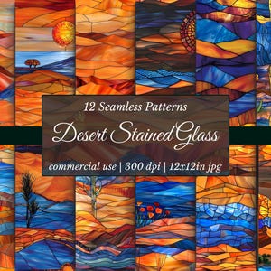 Può includere: Una collezione di 12 motivi senza cuciture a tema deserto, progettati in stile vetrata. I motivi presentano colori vivaci di arancione, blu e giallo, raffiguranti paesaggi desertici con cactus, dune e tramonti. Il testo recita "Desert Stained Glass".