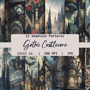 May include: Twelve seamless digital paper patterns featuring gothic castlecore designs. The patterns include intricate details of gothic architecture, gargoyles, and bats. Each pattern is 12x12 inches and 300 DPI.