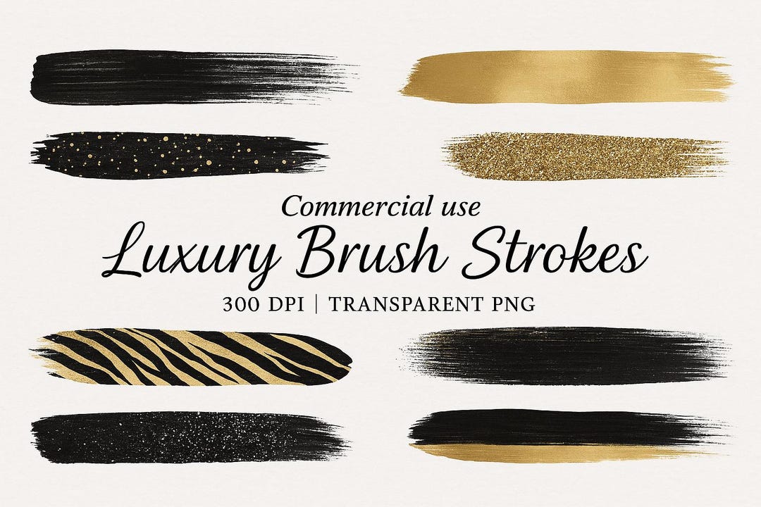 Black & Gold Brush Stroke Clipart: Luxury Design Elements (digital ...