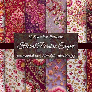 May include: Twelve seamless patterns with floral Persian carpet designs. The patterns display a range of colours, such as red, pink, purple, and gold, with detailed floral motifs. The image includes the text "Floral Persian Carpet" and "commercial use | 300 dpi | 30.48x30.48cm jpg."
