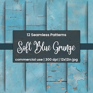 May include: A digital art image featuring twelve seamless patterns with a soft blue grunge texture. The patterns are displayed on a light blue background with a distressed, weathered appearance. The image includes text that reads "12 Seamless Patterns Soft Blue Grunge".