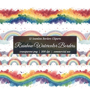 Rainbow Watercolor Borders PNG | Seamless Digital Frames | Commercial Use Clipart | Instant Download | Transparent Background