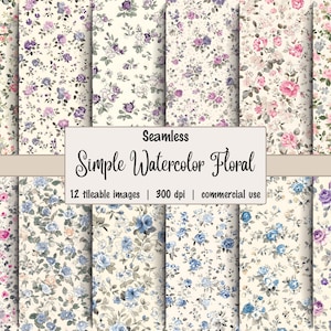 Seamless Floral Digital Paper Pack Watercolor Rose Patterns Vintage Shabby Chic Scrapbook Paper Commercial Use Printable Fabric Design Asset