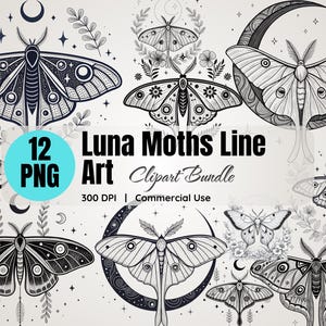 Luna Motte Clipart, Celestial Line Art PNG, 12 Bilder bei 300 DPI - Perfekt für Collage Sheets, Junk Journals, Logo-Design, Tattoos und mehr