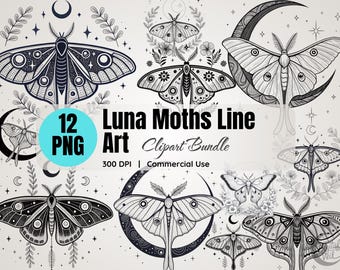 Luna Moth Line Art Clipart: Celestial PNG Images (Digital Download)