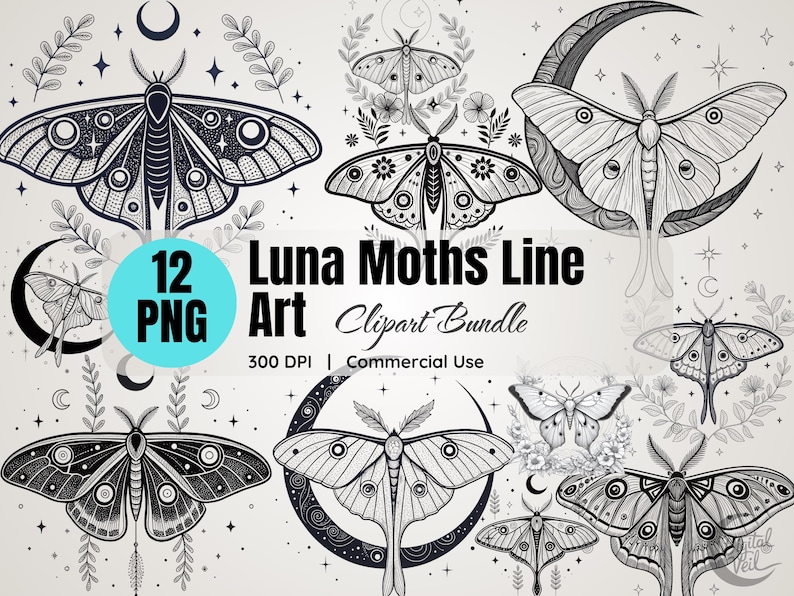 May include: A set of 12 black and white line art illustrations of luna moths. The moths are depicted in various poses, some with crescent moons and stars. The text "12 PNG Art Clipart Bundle 300 DPI | Commercial Use" is included in the image.