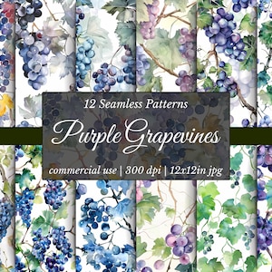 Purple Grape Cluster Illustration Set, 12 Seamless Grape Pattern Images, High Resolution Digital Download, 12x12 inches