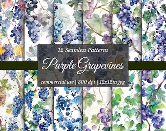 Purple Grape Cluster Pattern Set: Seamless Illustration (Digital Download)