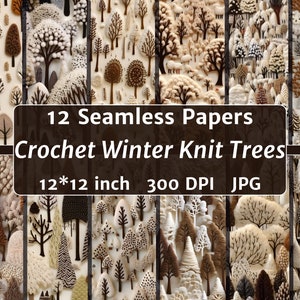 Cozy Boho Winter Knit Seamless Patterns, Embroidered Winter Sweater Style Papers, Crochet Snowy Tree, Instant Digital Download PNG 300 DPI