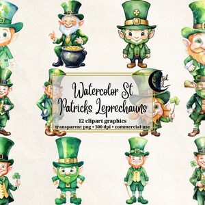 Könnte beinhalten: Zwölf Aquarell-Illustrationen von St. Patricks Day-Kobolden. Die Kobolde tragen grüne Hüte, grüne Jacken und grüne Hosen. Sie halten verschiedene Gegenstände in der Hand, wie einen Topf mit Gold, ein Kleeblatt und einen Spazierstock.