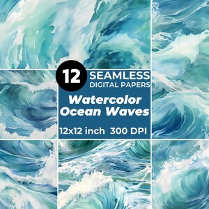 May include: Twelve seamless digital papers featuring watercolor ocean waves in shades of blue and green. The papers are 12x12 inches and 300 DPI.