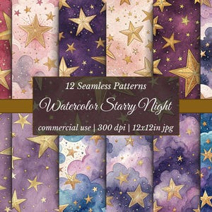 Digitale papierset aquarel sterrennacht – 12 naadloze patronen met gouden sterren en manen – 300 dpi hemelse achtergronden voor knutselen