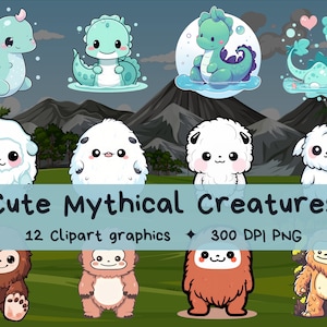 Niedliche Fabelwesen Clipart Bilder - Monster von Loch Ness Nessie, Yeti, Bigfoot, digitaler Download, PNG format, kommerzielle Nutzung