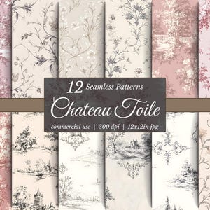 May include: A collection of 12 seamless patterns with a Chateau Toile design. The patterns feature various color schemes, including pink, beige, and black and white, with floral and landscape motifs. The image includes the text "Chateau Toile".