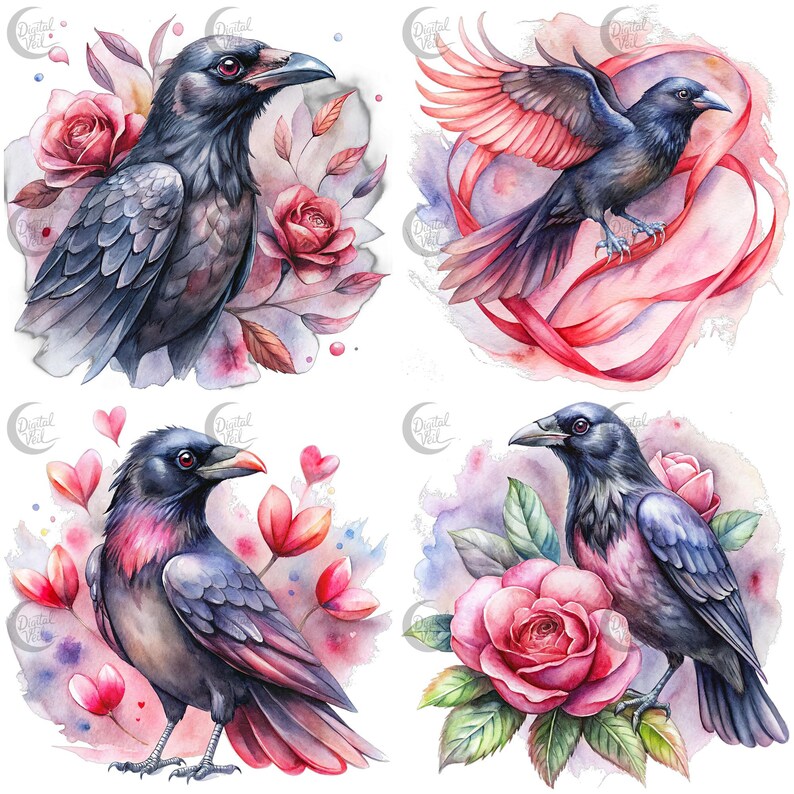 Watercolor Raven Clipart: Rose, Galaxy, Valentine Bird (digital ...