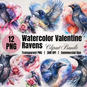 Clipart aquarelle corbeau, oiseau Rose rose, corbeau céleste en téléchargement numérique, Art oiseau de la Saint-Valentin, galaxie coeur PNG aquarelle, Art oiseau fantastique