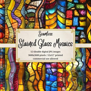 May include: Twelve seamless digital images of stained glass mosaics in various colors and patterns. Each image is 3600 x 3600 pixels and can be printed at 12 x 12 inches. Commercial use is allowed.