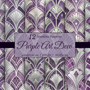 Könnte beinhalten: Zwölf nahtlose Art-Deco-Muster in Lila- und Silbertönen. Die Designs zeigen ein sich wiederholendes Fächermotiv. Der Text "Purple Art Deco" ist auf dem Bild zu sehen.