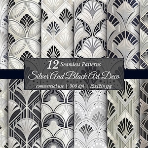 Op de afbeelding: Een verzameling van 12 naadloze Art Deco patronen in zilver en zwart. De ontwerpen bevatten geometrische waaier- en bloemmotieven. De afbeelding bevat de tekst "Silver And Black Art Deco" en "commercial use".