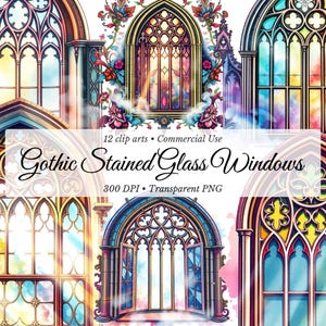 Gothic Stained Glass Window Clipart Bundle: Medieval Church Designs (Commercial Use, PNGs)