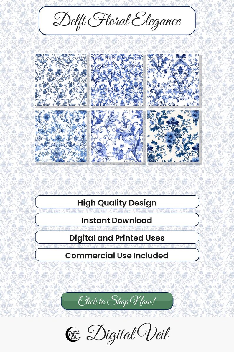 Delft Floral Seamless Patterns: Chinoiserie Digital Paper (12x12 Inches ...