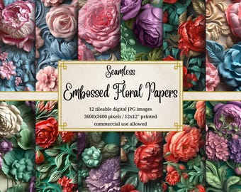 Floral 3D Embossed Seamless Pattern Collection - Realistic Flowers, Digital Paper, Printable Textures, Commercial Use