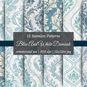 Blue Damask Digital Paper: 12 Vintage Seamless Patterns (Digital Download, 12x12in JPGs)