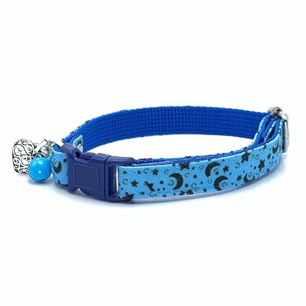 Cat Collar, "Luna Moon Star" blue and black breakaway kitten play collar with knotted bow and subdued, low-volume bell, free charm, keychain