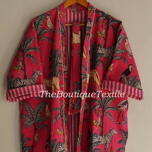 Handprinted Waffle Cotton Robe: Pink Tiger Print Kimono