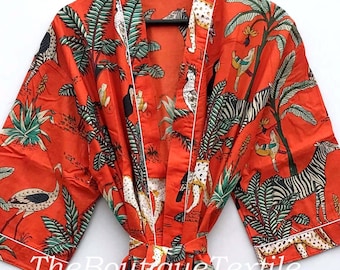 Handgefertigte Baumwolle Kimono Robe: Jungle Print Loungewear