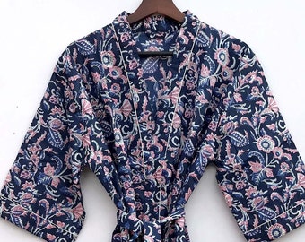 Floral Print Cotton Kimono Robe, Indian Loungewear, Beach Cover Up