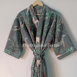 Kimono de algodón gofre: estampado de tigre de la jungla, largo hasta la mitad de la pantorrilla