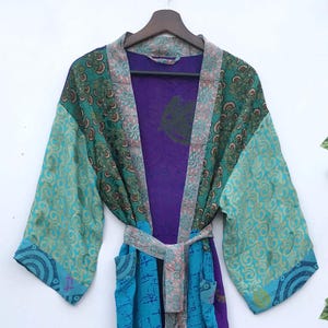 Handmade Patchwork Crepe Silk Kimono Robe, Bohemian Dressing Gown, Upcycled Boho Duster, Kimono Bathrobe