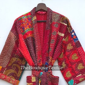 Cotton Kantha Silk Kimono Robe, Long Jacket Unisex Robe, Loungewear Kantha Kimono, Kantha Robe, Hand Made Boho Patchwork Robe