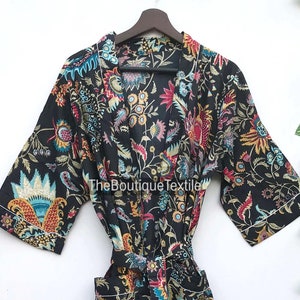 Floral Print Cotton Kimono Robe: Beach Cover Up, Maternity Robe