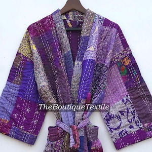 Long Hand Made Cotton Silk Kantha Kimono Robe, Cotton Bath Robe, Indian Traditional Robe, Jacket Unisex Robe, Boho Loungewear Kantha Robe