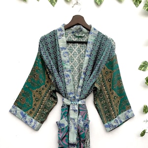 Silk Kimono Long Wrap Tie Bathrobe Kimono Robe, Boho Lounge Dress, Vintage Kimono With Belt, Long Dressing Gown, Wedding Robe