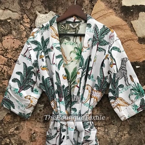 Organic Cotton Waffle Kimono Robe: Jungle Print Beach Cover-Up