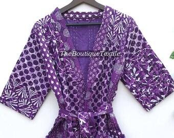 Indigo Printed Cotton Kantha Robe: Indian Handmade Kimono Jacket