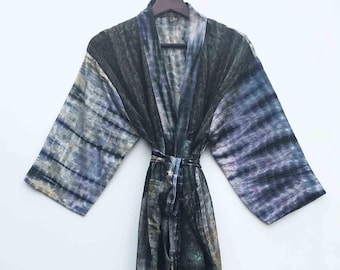 Tie Dye Silk Kimono Long Patchwork Kimono Bath Robe, Lightweight Tie Dye Boho Wrap, Kimono Bridesmaid Robe, Women Beachwear Robe