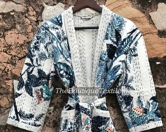 Handmade Floral Cotton Kantha Robe: Quilted Kimono Dressing Gown