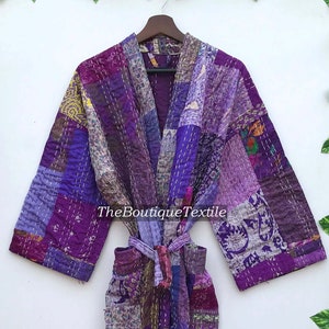 Handmade Patchwork Kantha Kimono, Vintage Silk Patchwork Boho Coat, Boho Kantha Silk Kimono, Loungewear Women Recycled Kantha Robe