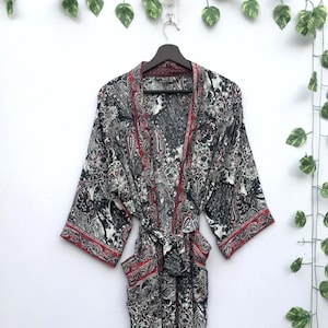 Long Black Silk Kimono, Boho Silk Kimono, Robe for Women, House Coat Morning Beach Wear Robe, Loungewear Dressing Gown, Nightwear Robe