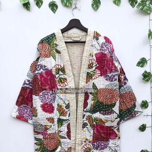 Cotton Kantha Kimono Bath Robe 100% Cotton Indian Kantha Stitch Fruit Print Robe, Long Jacket Unisex Robe, Handmade Indian Cotton Kimono image 3