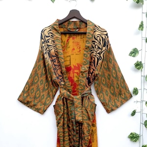 Vintage Kimono With Belt, Long Silk Kimono Bath Robe, Boho Lounge Dress, Dressing Gown, Bohemian Jacket, Beach Cover Up, Gift for Her