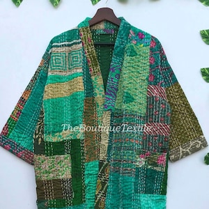 Handmade Green Patchwork Silk Kantha Robe: Quilted Kimono Jacket