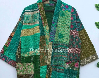 Handmade Green Patchwork Silk Kantha Robe: Quilted Kimono Jacket