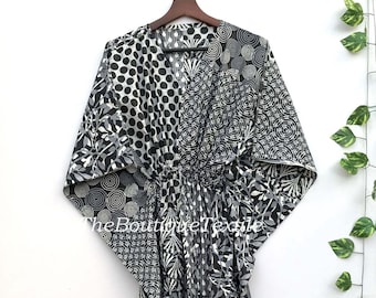 Handmade Black Floral Cotton Kaftan: Beach Cover Up Loungewear