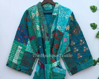 Handgemaakte kantha-katoenen kimonobadjas: patchwork boho loungewear